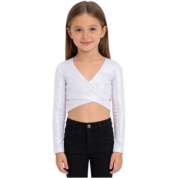 Haitryli Kids Girls Modern Jazz Ballet Dance Crop Top Long Sleeve Metallic Self-Tie Wrap Tee Silver 110