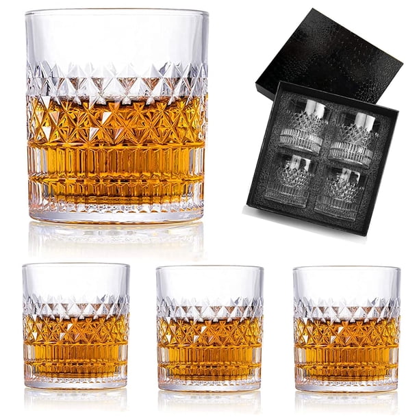OPUEW Juego de 4 Vasos para Whisky, con 4 Vasos de Cristal para Whiskey 330ml y Caja de Regalo de Lujo, para Cognac, Vodka, Bourbon y Más, Ideal Regalos para Hombre, Papa, Novio, Marido