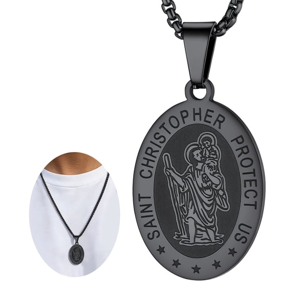 FaithHeart Saint/St. Christopher Pendant Necklace for Men Women Stainless Steel Catholic Christian Oval Medal Blessings Amulet Black Men Jewelry Gift for Dad Grandpa Fathers Day