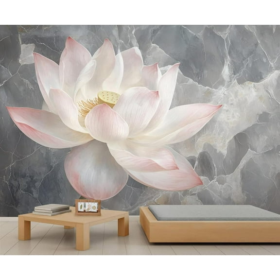 Pink Lotus Flowers Mural Wallpaper, Gray White Marble Wall Mural, Marble 3D Murals, Modern Light Luxury Art Large Wallpaper For Living Room Bedroom Wall Decor 55"W x 28"H (Not Peel and Stick)