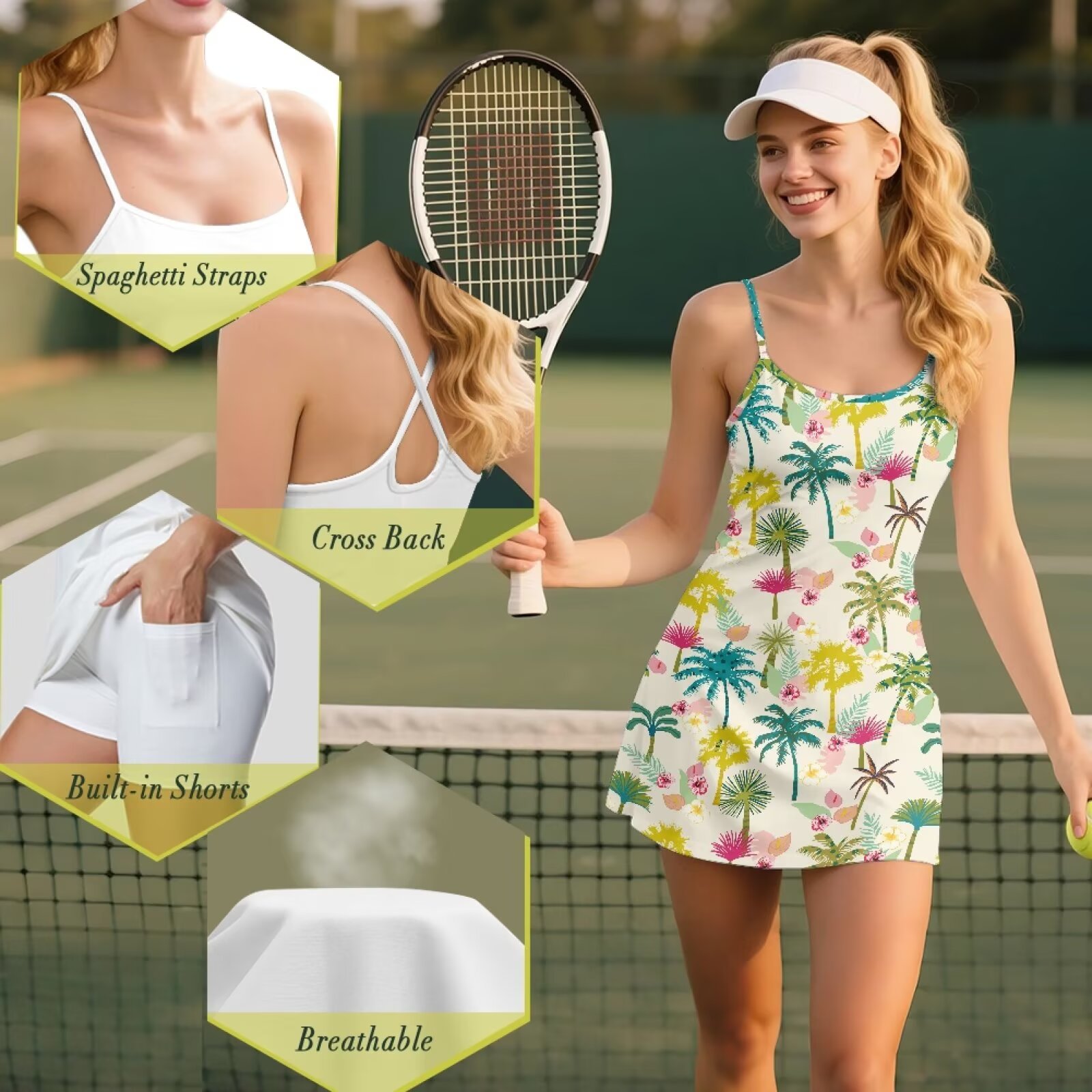Yuyamidu Colorful Coconut Tree Golf Dress for Womens Size 2XL Hawaii Tennis Dress with Built in Shorts, Slim Fit Sleeveless Women Athletic Dresses Outfits, 2 Piece