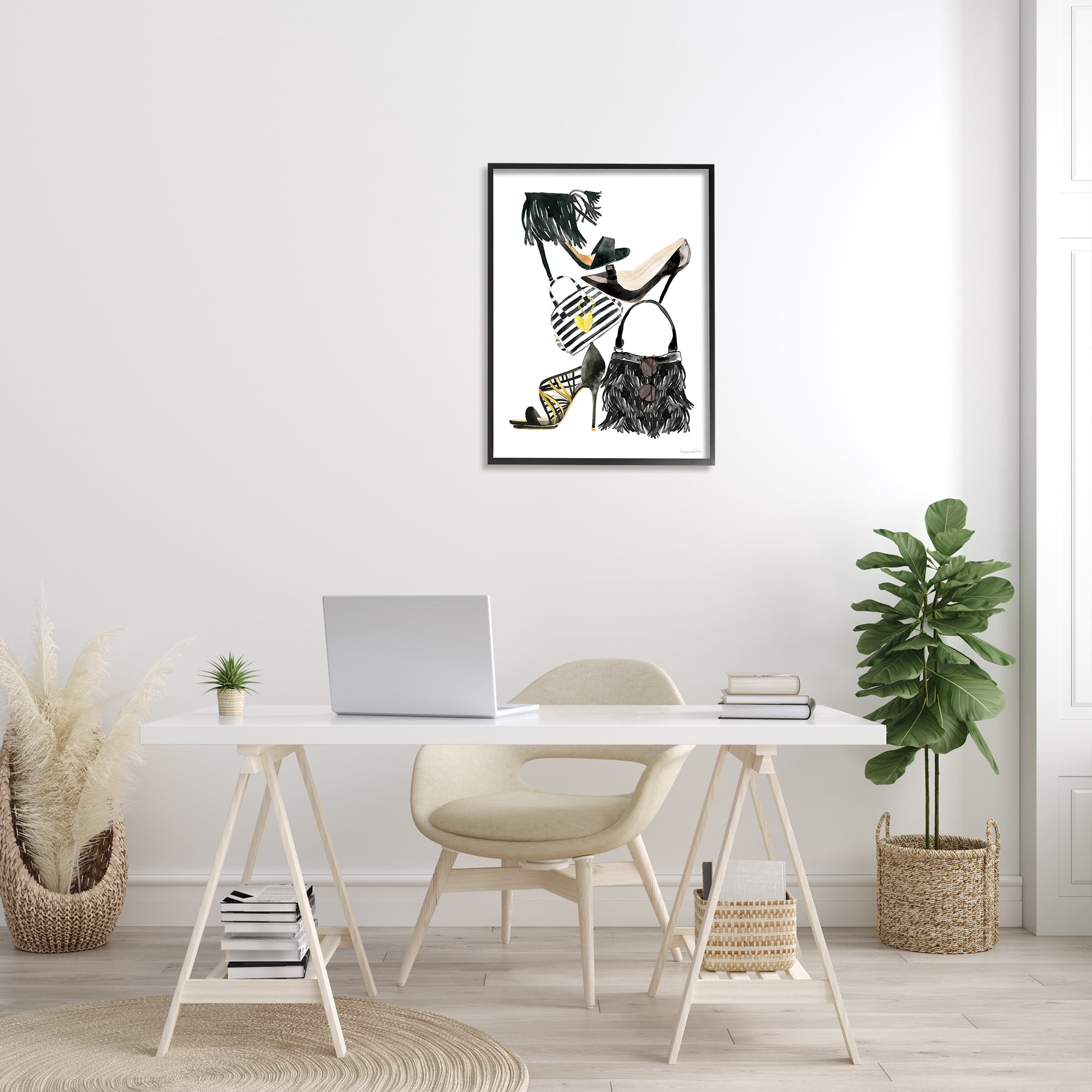 Stupell Industries Glam Fashion Accessory Stack Fringe Shoes and Purse Beauty & Fashion Painting Black Framed Art Print Wall Art, 24 x 30