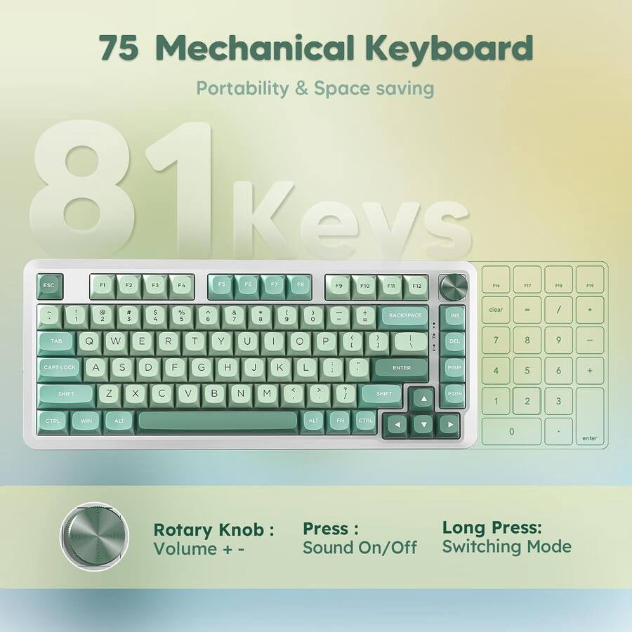 Wireless Mechanical Gaming Keyboard ，Gaming Keyboard in 75% Layout with Gasket Mounted, RGB Magnetic Switch Keyboard with Bluetooth 5.0/2.4Ghz/USB Wired， 81 Keys - Green