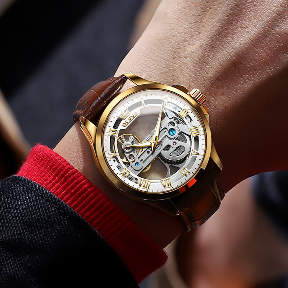 OLEVS Automatic Watches for Men Skeleton Brown Leather Band Large Face Self Winding Mechanical Mens Dress Watches Waterproof Easy to Read Luminous Business Casual Mens Wrist Watches Reloj Para Hombre