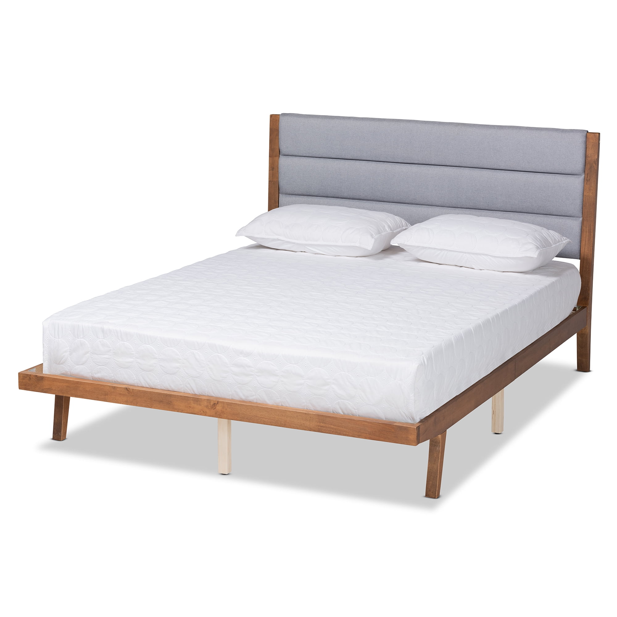 Baxton Studio Jarlan Modern and Contemporary Transitional Gray Fabric Upholstered and Walnut Brown Finished Wood Queen Size Platform Bed