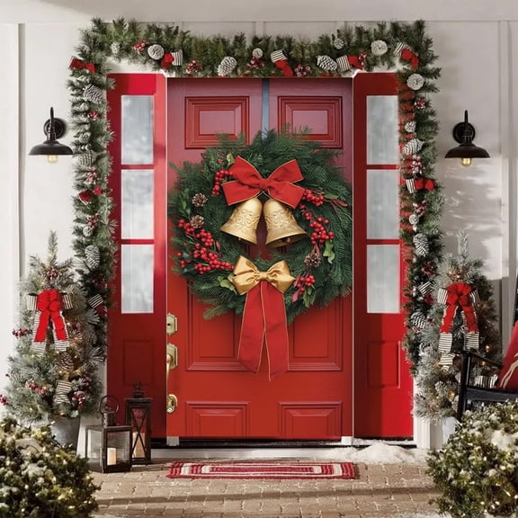 Tyidzon Christmas Door Cover - 35x71" Christmas Decorations Backdrop with Wreath Xmas Door Banner Hanging Ornaments for Home Wall Party Holiday Front Door Decor