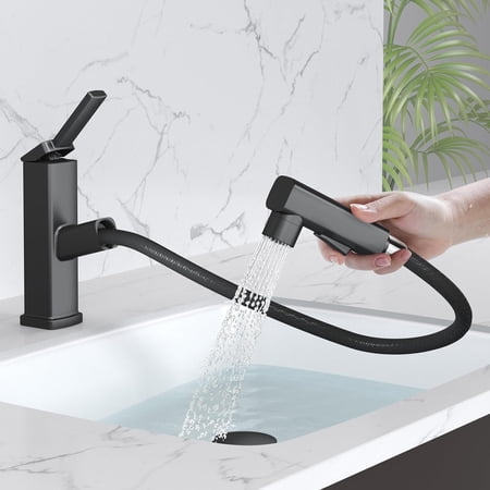Pull Out Single Hole Bathroom Faucet, 3 Spray Mode Single Handle Bathroom Faucets for Sink 1 Hole, Bathroom Sink Faucet with Pull Down Sprayer, Vanity Faucet with Fountain Mode, Matte Black