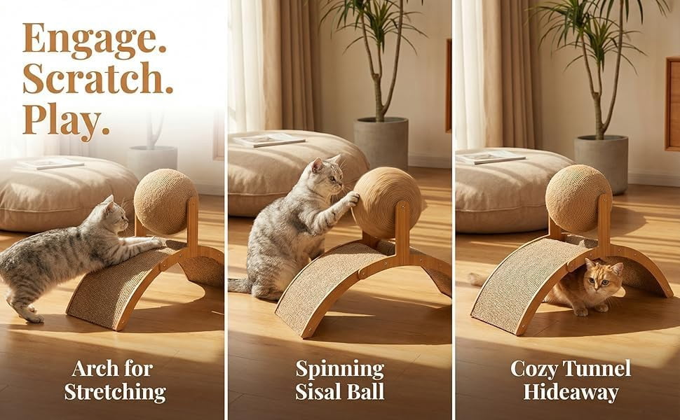 Cat Scratching Ball On Stand, Interactive Cat Scratcher with 360° Rotating Sisal Ball, Cat Scratching Post with Arch Bridge Balls, Cat Scratcher Board for Indoor, Protects Furniture & Rugs