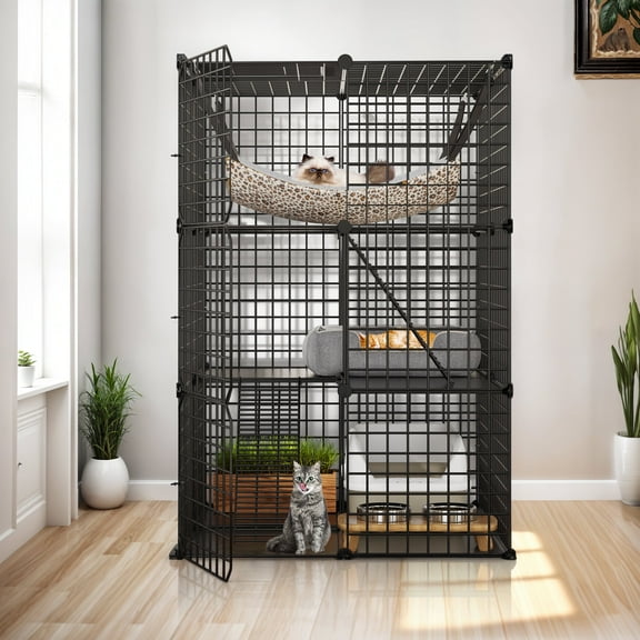 ModFusion 41" Multi Level Cat Cage with Hammock and Ladders Portable Metal Enclosure for 1 to 2 Cats Black