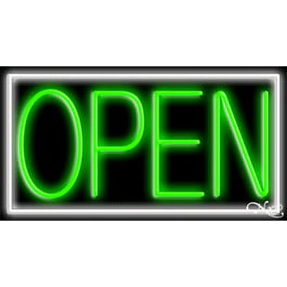 White Border With Green Open LED Neon Sign 13 x 24 - inches, Black Square Cut Acrylic Backing, with Dimmer - Bright and Premium built indoor LED Neon Sign for storefront.