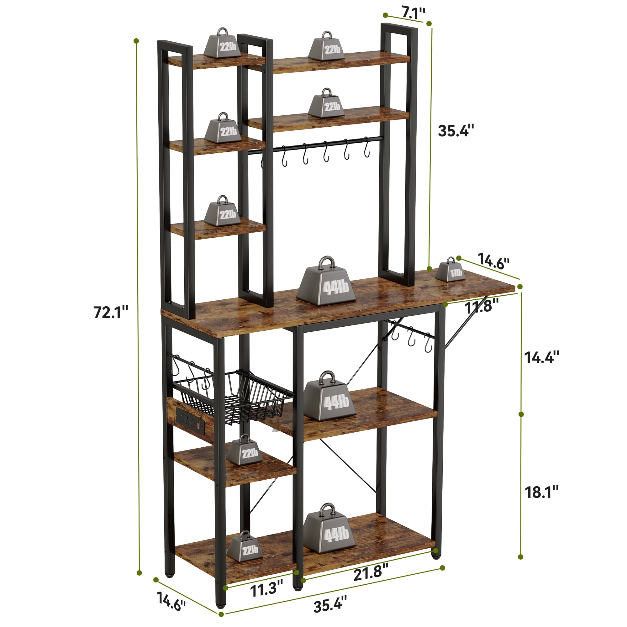Keenstone Kitchen Bakers Rack Desktop Extension with 3 Power Outlets, Microwave Oven Stand with 14 S-shaped Hooks ,Coffee Bar Table 10 Tiers with Wire Basket,Rustic Brown