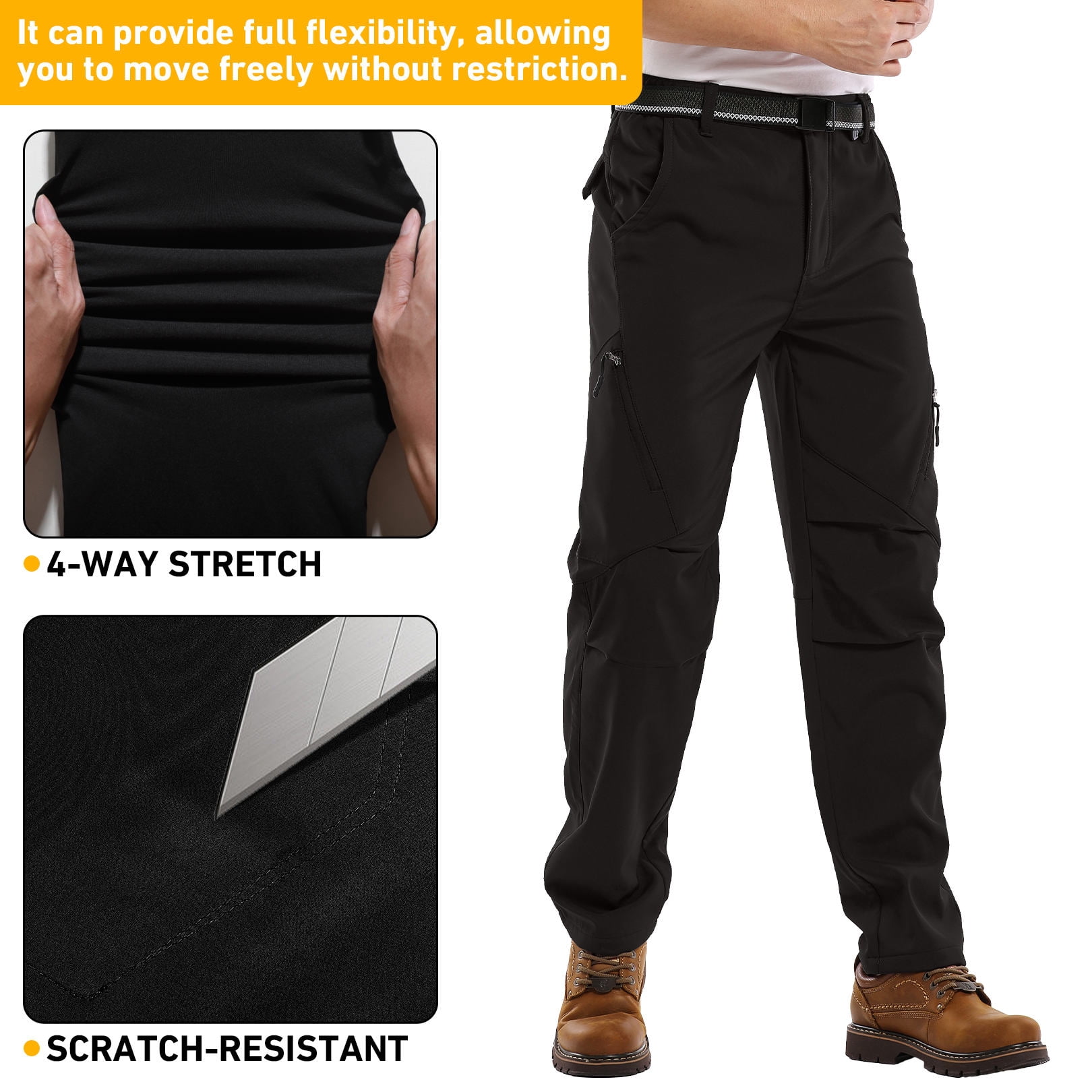 FEN AI Fleece Lined Hiking Snow Pants for Men Waterproof Warm Softshell Trousers Ski Pants Windproof Cargo Pants for Winter Outdoor