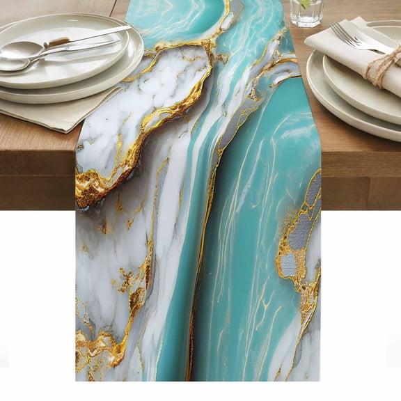 Turquoise Marble Table Runner - 36 Inch Long, Kitchen Dining Table Runner Dresser Scarves, Modern Abstract Gold Stripes Art Farmhouse Decor for Coffee Tables Wedding Party Banquet
