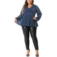 thumbnail image 2 of Blusas de peplum brillantes con lentejuelas y cuello en V para mujeres de tallas grandes Agnes Orinda, con mangas de linterna y pliegues en la cintura, 2X azul marino, 2 of 6