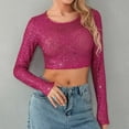 thumbnail image 5 of Womens Tops Sequin Top Glitter Party Club Jumper Long Sleeve Crew Neck Crop Skinny Sparkly Tee Crop Tops for Women, 5 of 5