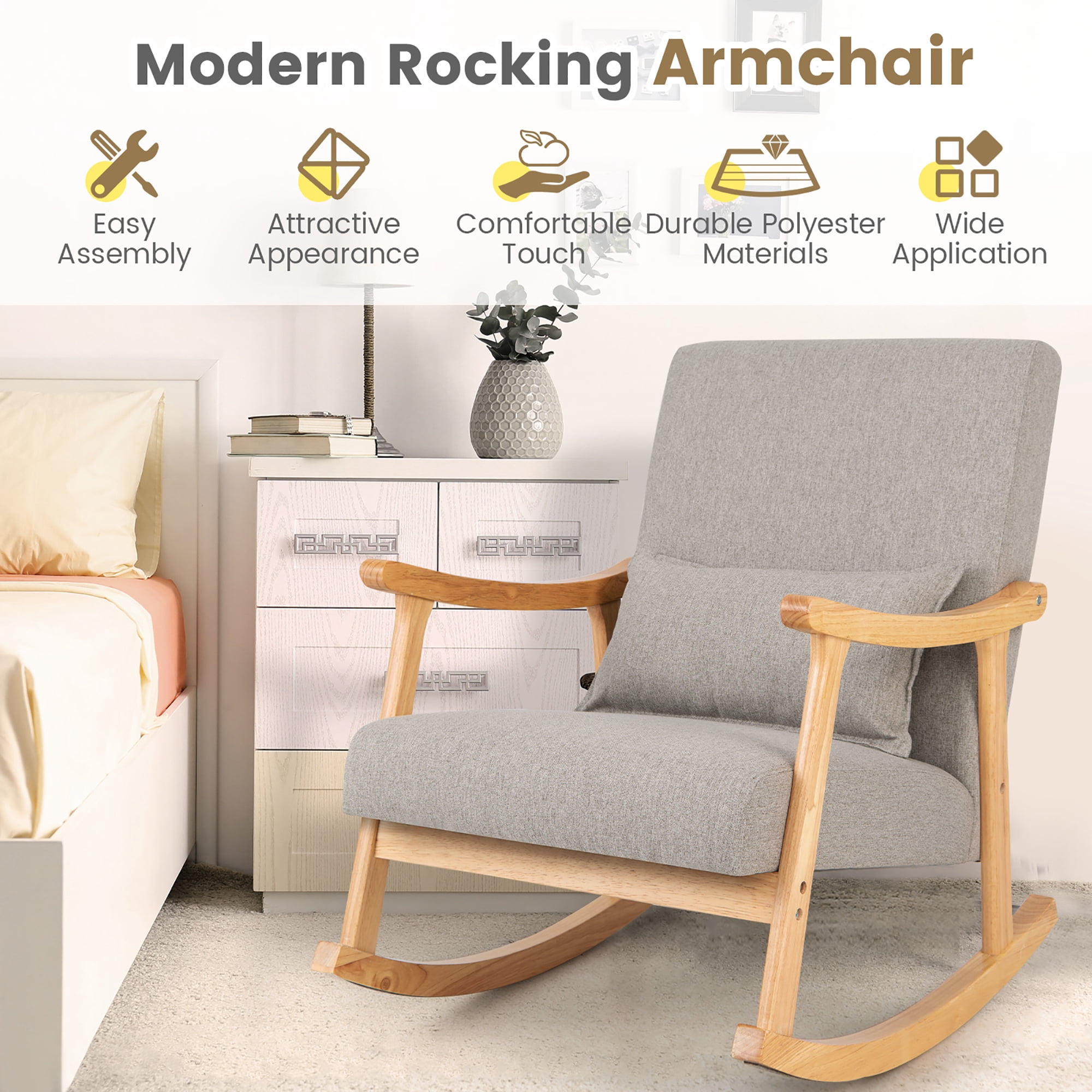 Costway Upholstered Rocking Chair with Pillow Rocking Armchair with Rubber Wood Frame Grey
