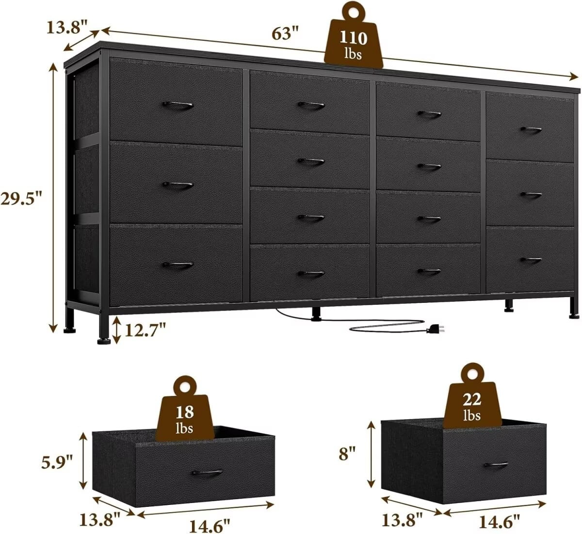 Dresser TV Stand for up to 75 Inch TV, 14 Drawer Dresser with Power Outlets & Wood Top, Long Fabric Dresser Organizer for Bedroom, Living Room, Entryway, Black