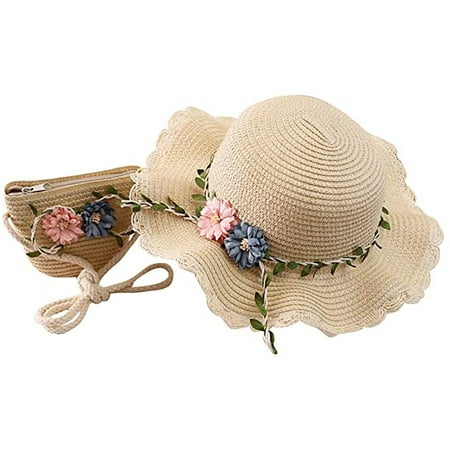 2-8 Years Old Girls Straw Hat Tourist Hat Sun Hat + Small Bag Set(Beige ...