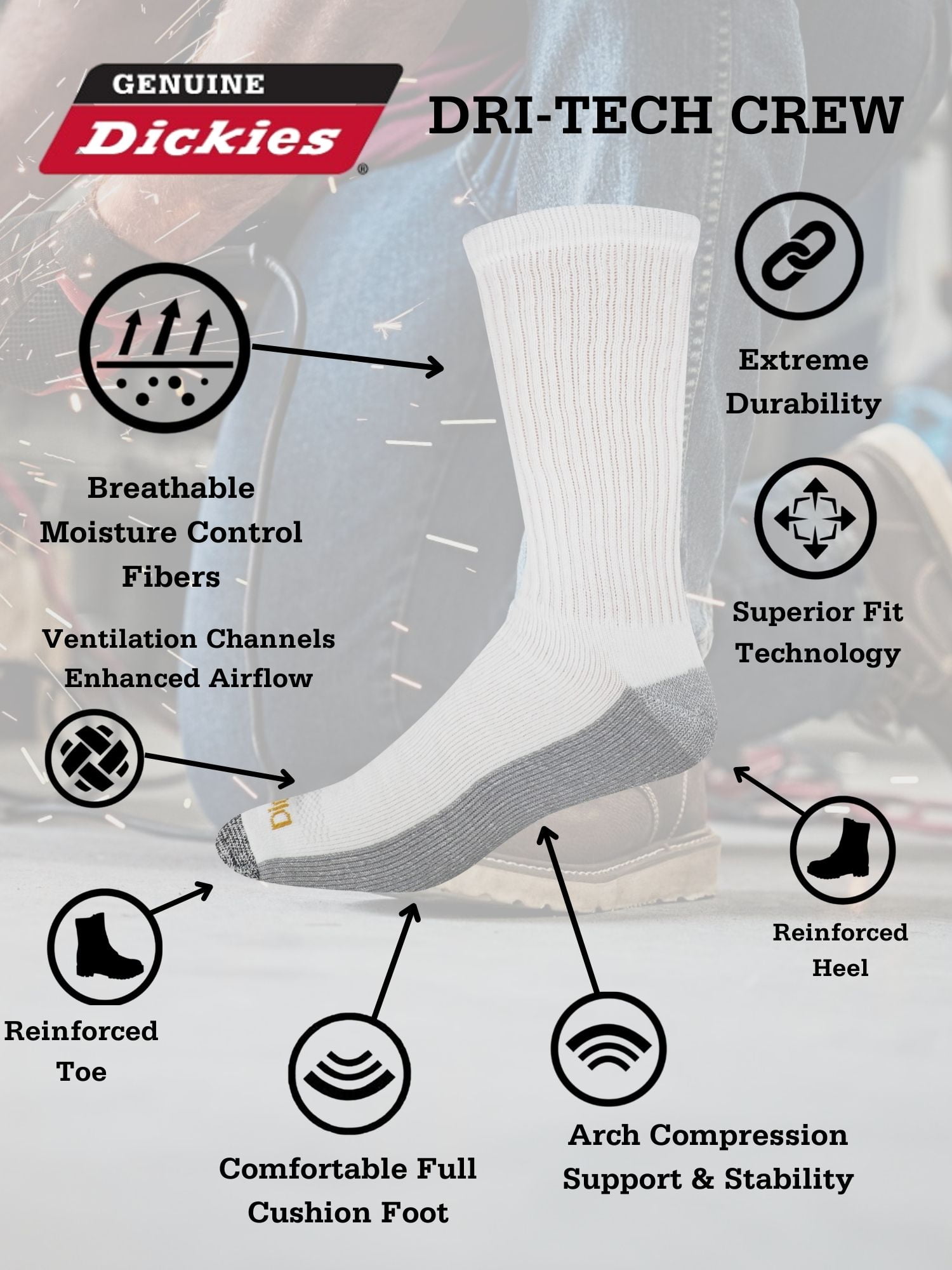 Genuine Dickies Men's Dri-Tech Crew Socks, 6-Pack, Sizes 6-15
