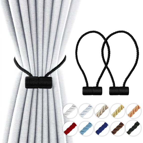 18 Inch Strong Magnetic Curtain Tiebacks, Curtain Holdbacks Modern Upgrade Strong 2021 New Twisted Style Decorative Drapery Rope ​Tie Backs (Black, 2)