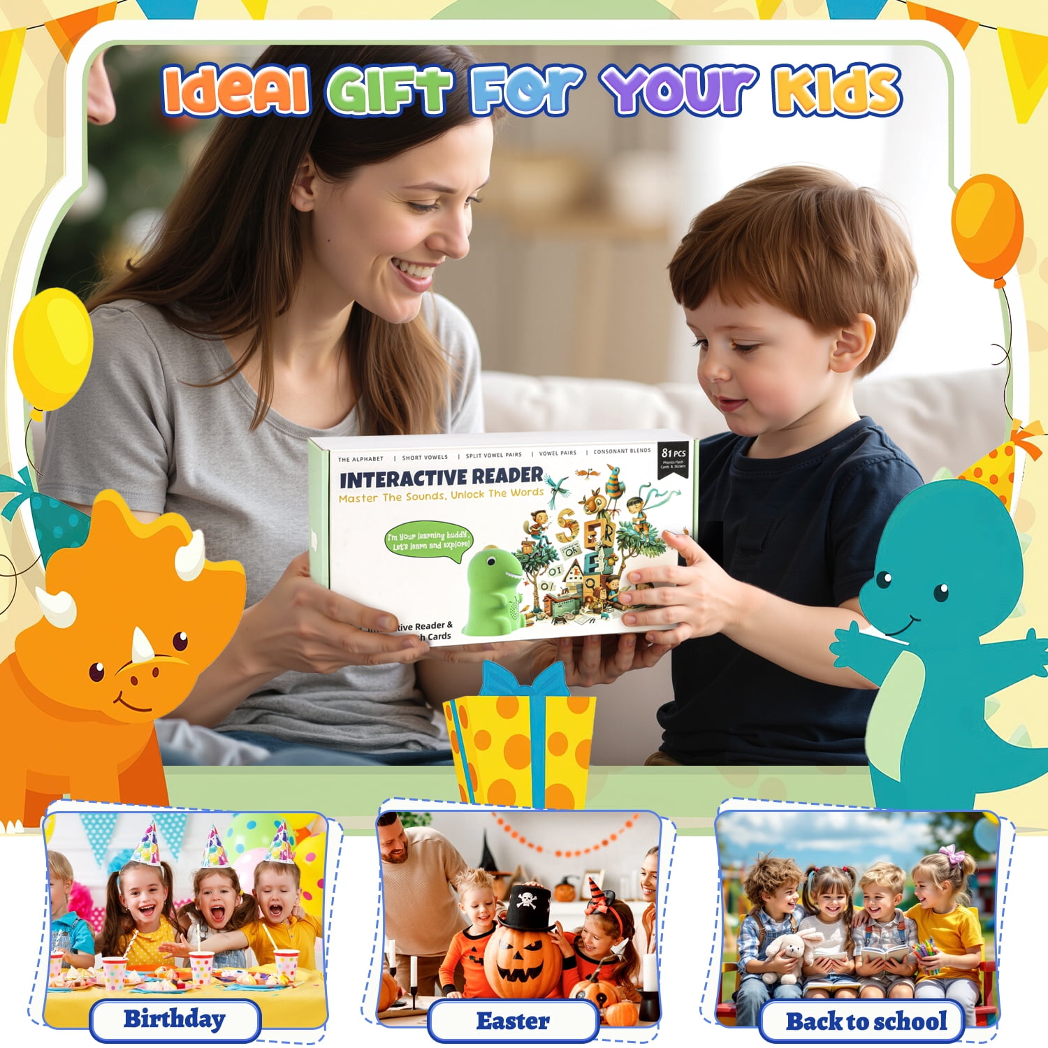 Flooyes Dinosaur Talking Pen With Phonics Cards, Montessori Toys ABC 123 Learning Set For Kids 36M+