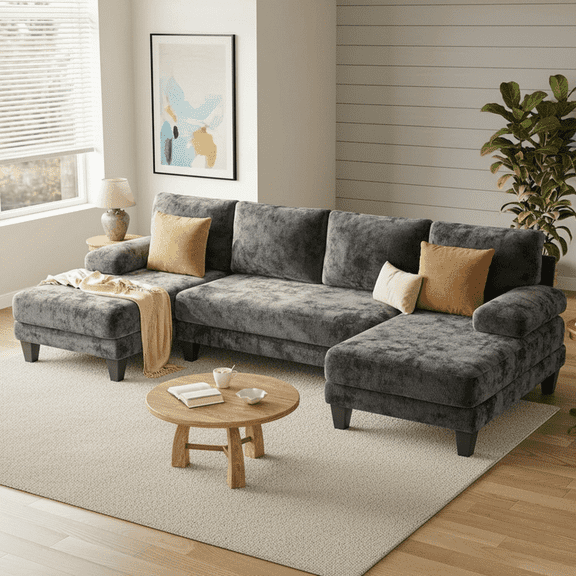 112" U-Shaped Chenille Sectional Sofa with Double Chaise Loungers - Sectional Couches Modular Design for Living Rooms and Apartments - Dark Grey