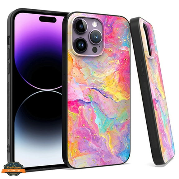 Xpression Cover for Apple iPhone 14 Pro (6.1") Marble Fashion Stone Stylish Flake Glitter Bling Hybrid Glossy TPU Rubber Hard PC Phone Case - Marble Colorful Rainbow