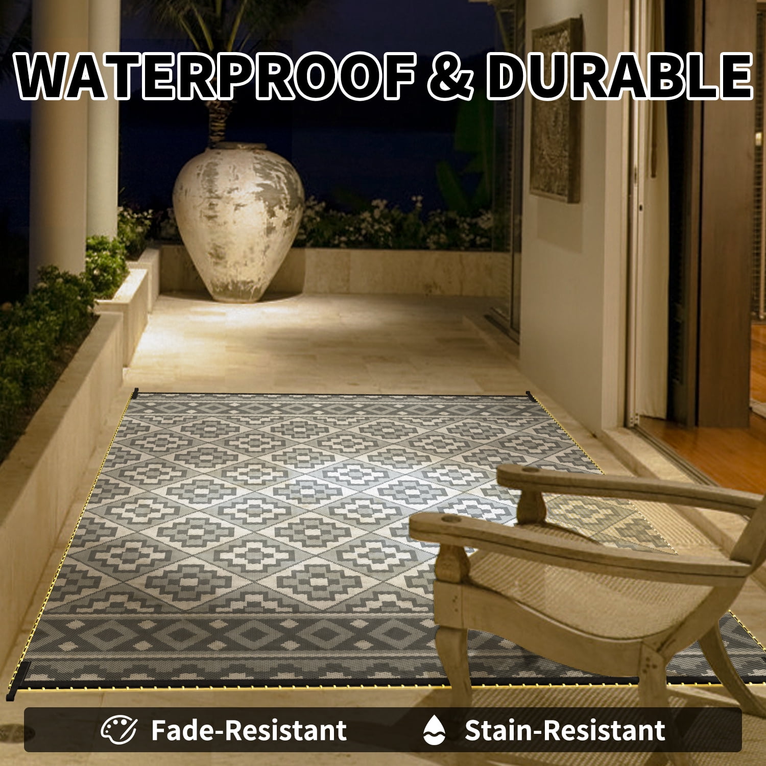 SIXHOME Outdoor Rug with LED Strip Light 9'x12' Waterproof Reversible Patio Rug Modern Lightweight Plastic Straw Indoor Outdoor Rug for RV Camping Deck Balcony Porch Boho Patio Decor Light Gray