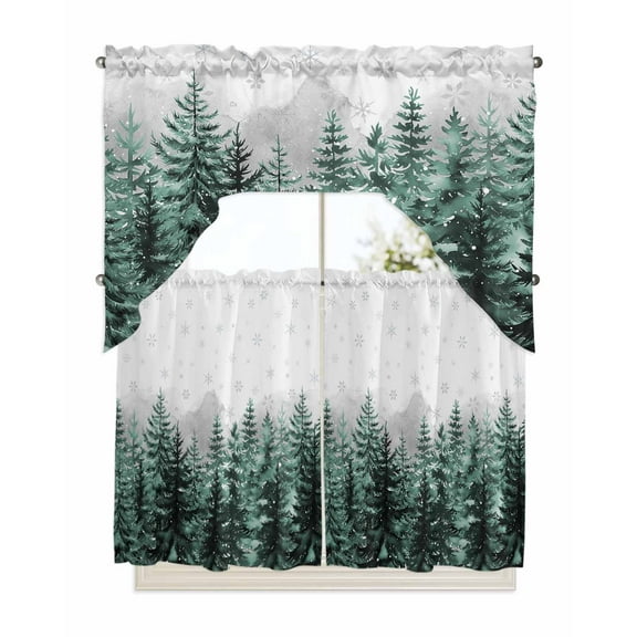Green Christmas Tree Kitchen Curtains Swag Valance and Tier Curtains Set 36 Inch Length, Forest Xmas Snowflake Rod Pocket Drape Panels Pair Swag Curtains for Bathroom/Cafe/Window