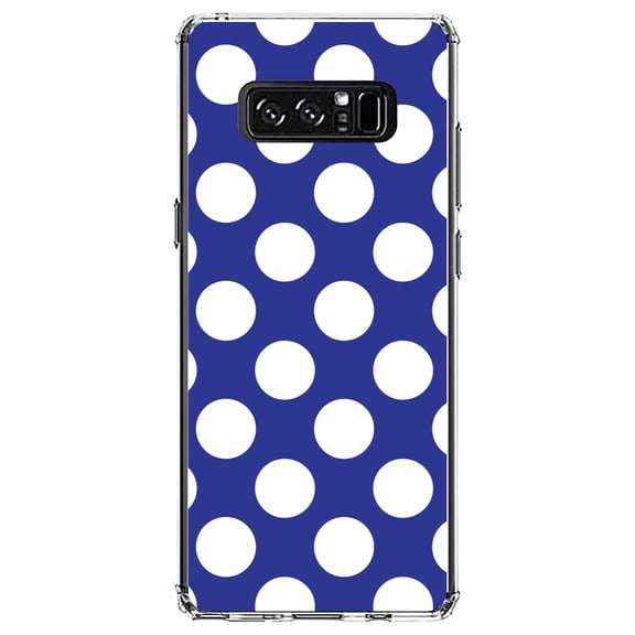 DistinctInk Clear Shockproof Hybrid Case for Samsung Galaxy Note 8 - TPU Bumper, Acrylic Back, Tempered Glass Screen Protector - White & Dark Blue Polka Dots