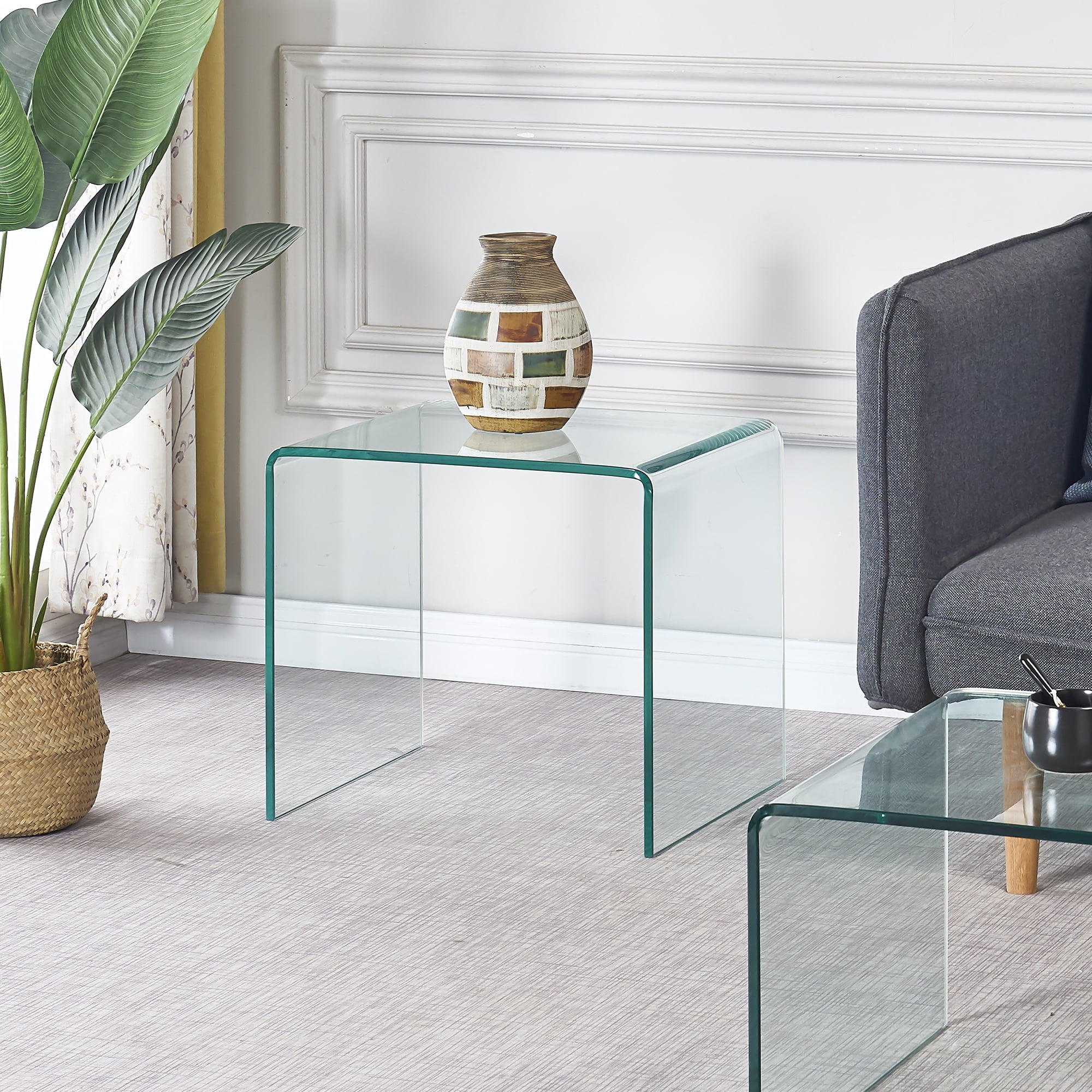 MAYEERTY Tempered Clear Bent Glass SideTable, Transparent End Table, Sofa table
