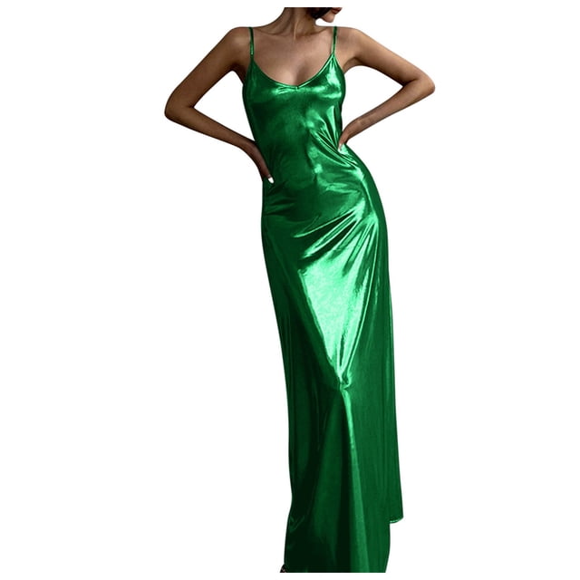 Vestido metálico con tirantes finos para mujer: vestido sexy ajustado con escote en V, vestido de fiesta para salir por la noche