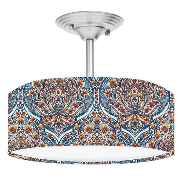 888 Cool Fans DR-0001118 Boho Bohemian Damask Paisley 2-Light Brushed Nickel Drum Style LED Lamp Fixture