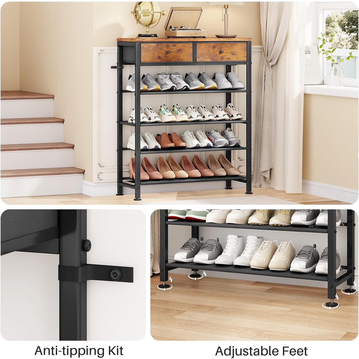 Shoe Rack, 5 Tier Shoe Organizer for 12-16 Pairs of Shoes, with 2 Drawers, 3 Fabric Shelves and Wooden Top, Shoe Rack for Closet Entryway, Rustic Brown