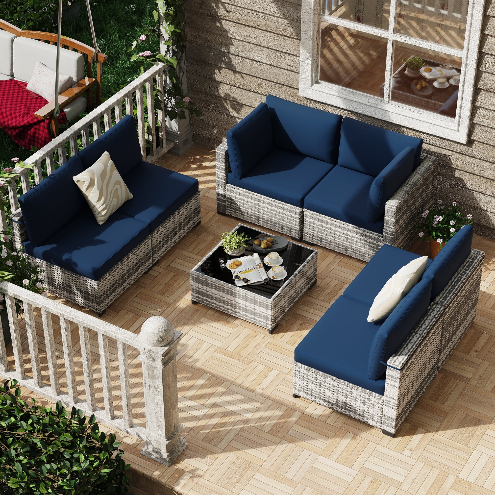 KIGOTY 7 Piece Outdoor Patio Furniture, Wicker Rattan Outdoor Conversation Set Sectional Sofas for Backyard, Garden, Gray-white Navy blue
