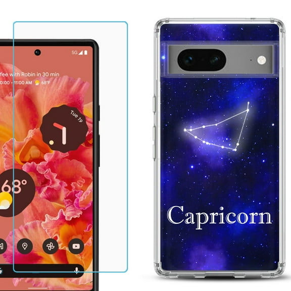 Slim-Fit Gel TPU Phone Case for Google Pixel 7, with Tempered Glass Screen Protector, by OneToughShield ® - Capricorn