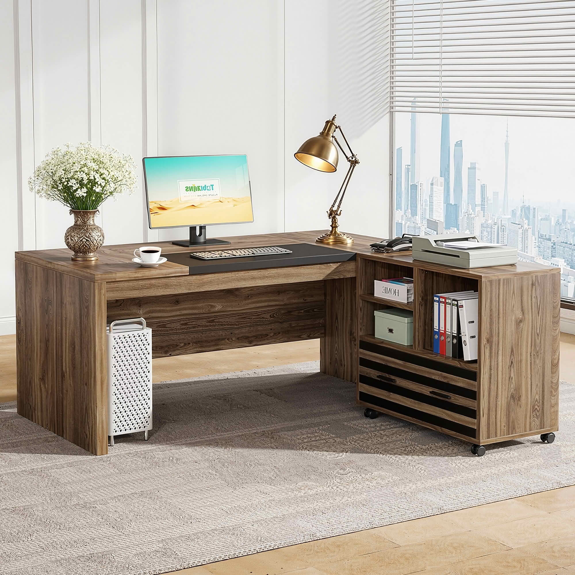 MAYEERTY 66.2" L-Shaped Executive Computer Desk with Rolling Mobile File Cabinet, Water & Scratch Resistant Thick MDF Workstation, 450 LBS Weight Capacity with Lockable Casters for Home Office