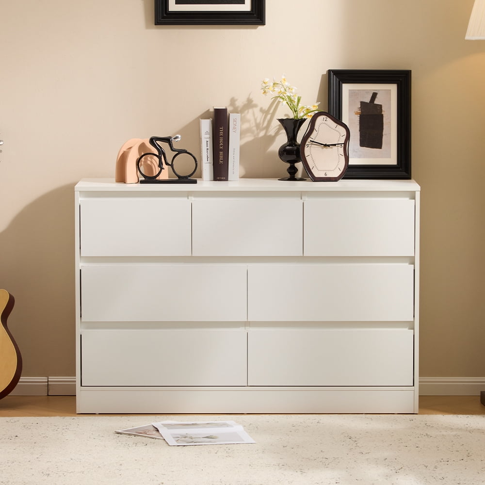 Ktaxon 7 Drawer Double Dresser with Mirrow Wood Dresser Storage Cabinet Drawer Organizer Chest of Drawers, White