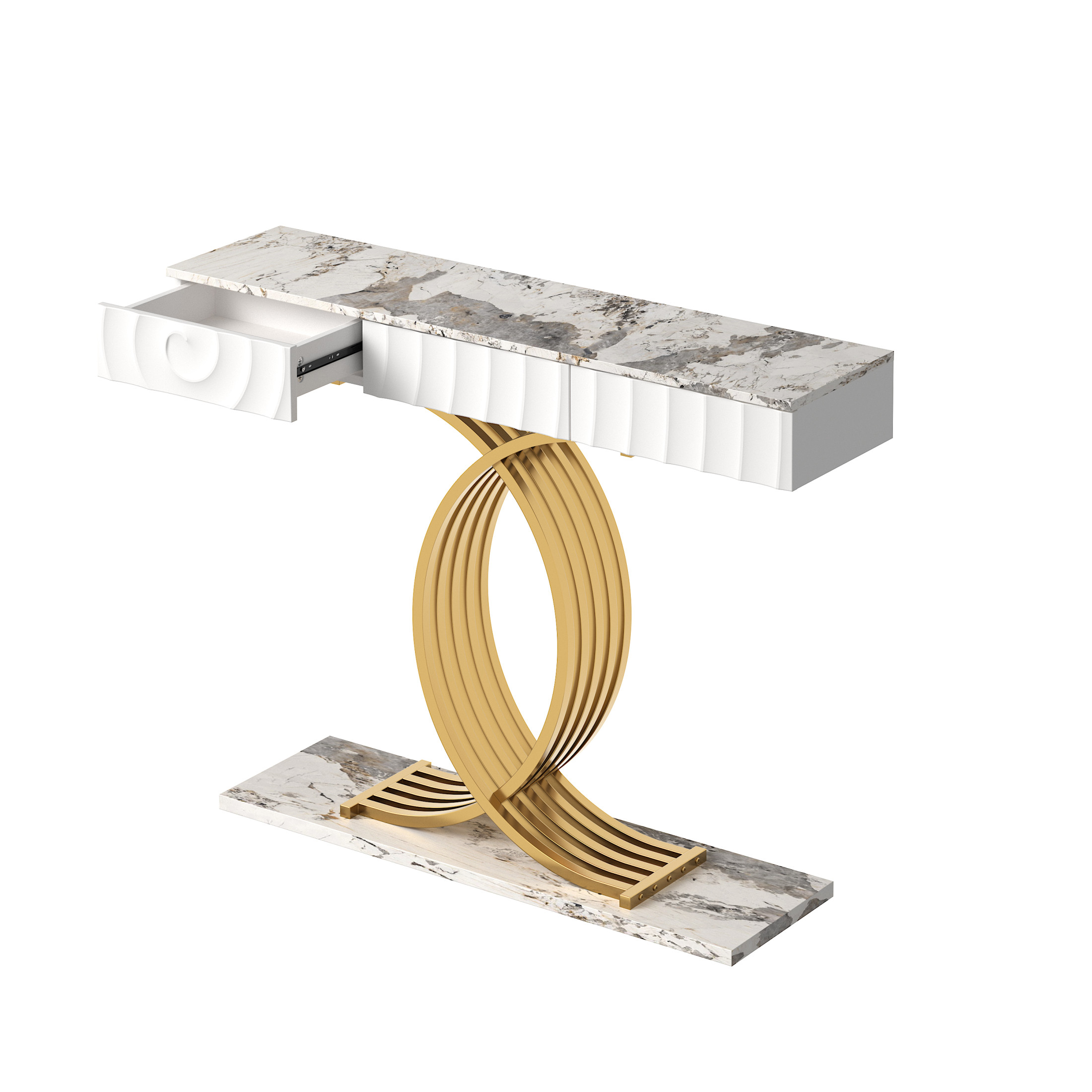 Noble House Arvion 47.3" Narrow Entryway Console Table with Storage Drawers & Geometric Metal Legs, White & Gold