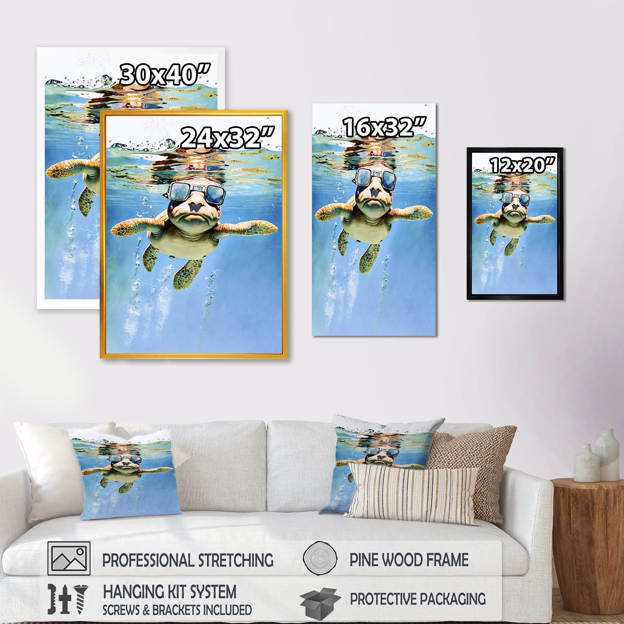 Designart Turtle With Glasses In The Ocean I Canvas Wall Art