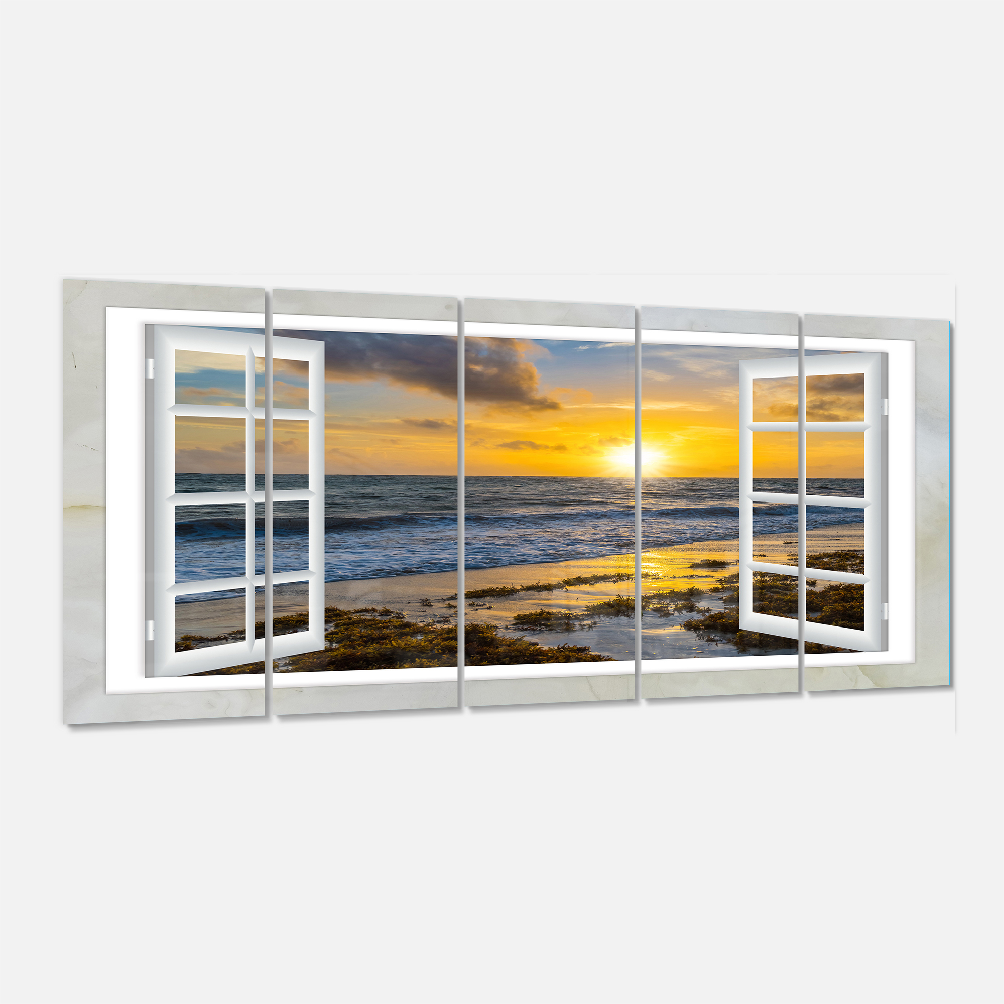 Designart 'Open Window to Bright Yellow Sunset ' Multipanel Modern Seascape Extra Large Metal Wall Art