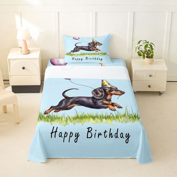 Homewish Cute Dachshund Dog Twin Sheets,Happy Birthday Print Bedding,Blue,Purple Balloon Decor,3 Pieces,1 Fitted Sheet and 1 Pillowcase