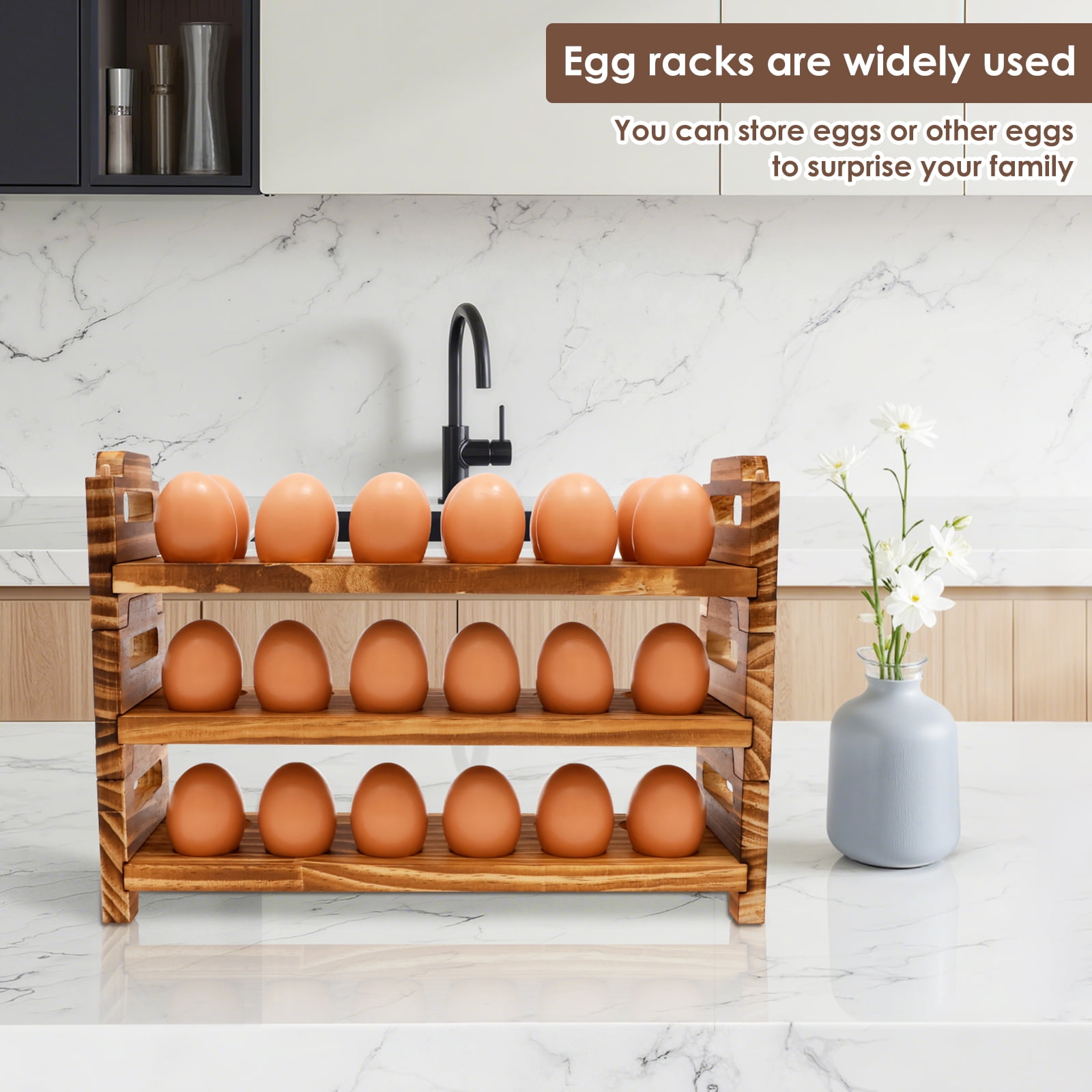 Tcwhniev Wooden Egg Holder 3 Tier Solid Stackable Eggs Collecting Rack Holding Up to 36 Fresh Egg for Kitchen Countertop Cabinet Fridge