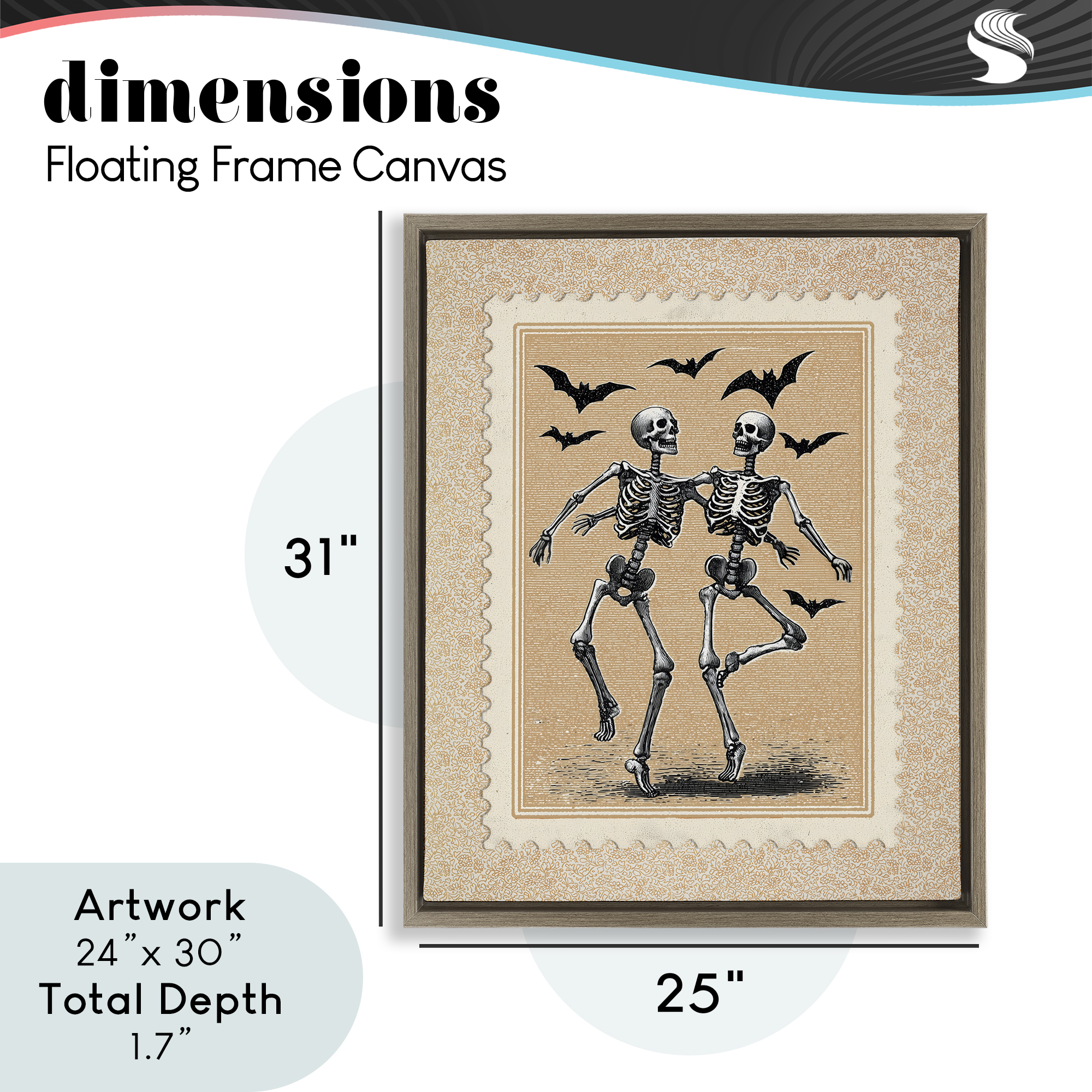 Vintage Dancing Skeletons Stamp Brown Framed Floater Canvas Wall Art, design by Arlington Prints