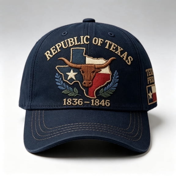 Vintage Republic of Texas baseball cap, featuring a durable embroidered ‘Lone Star’ governor’s bull design; an adjustable cotton baseball cap suitable for everyday outdoor wear
