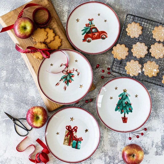 Holiday Appetizer Platter (Set of four pieces) Ceramic dessert plate, suitable for snack salad countertop, microwave and dishwasher safe housewarming gift and Thanksgiving salad appetizer, microwave