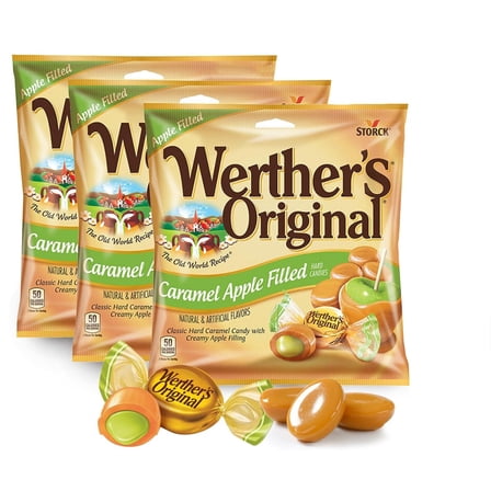 Werthers Original Caramel Apple Filled Hard Candies, Pack of 3 (2.65 oz each) - Individually Wrapped Candy, Caramel Candy, Hard Candy, Gourmet Caramels, Hard Caramel Candy with Apple Filled Center