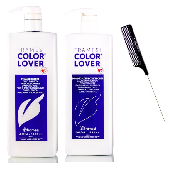 Framesi Color Lover DYNAMIC BLONDE Violet Shampoo & Conditioner DUO Set for BLONDE/GRAY HAIR (w/ Sleek Rat Tail Comb) Purple (33.8 oz   33.8 oz - LARGE LITER DUO KIT)
