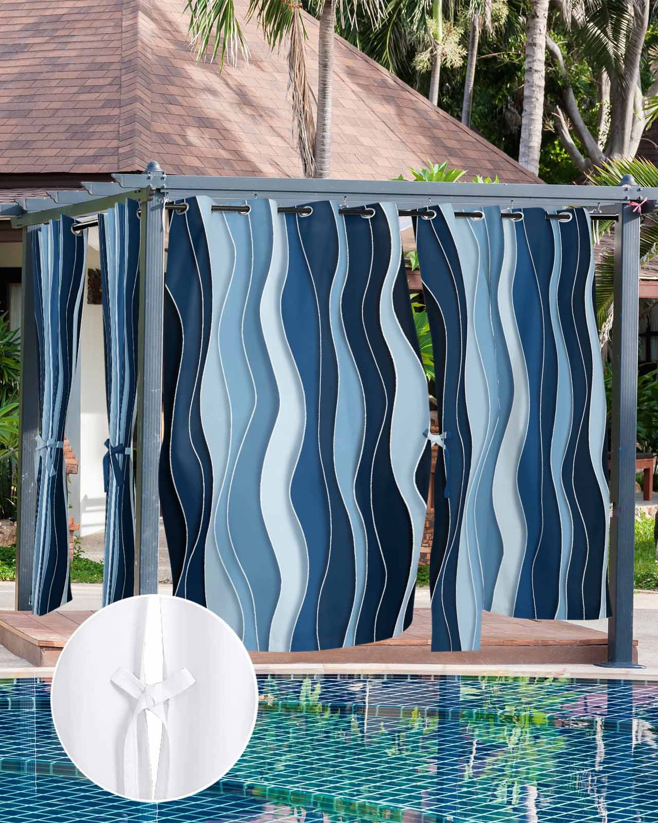 nqOlkjepod Outdoor Curtains for Patio Waterproof, Abstract Blue Moire Outdoor Privacy Panels Grommet, Gradient Coastal Ocean Geometric Waves Blackout Outside Curtains for Porch 54"x95", 2 Panels
