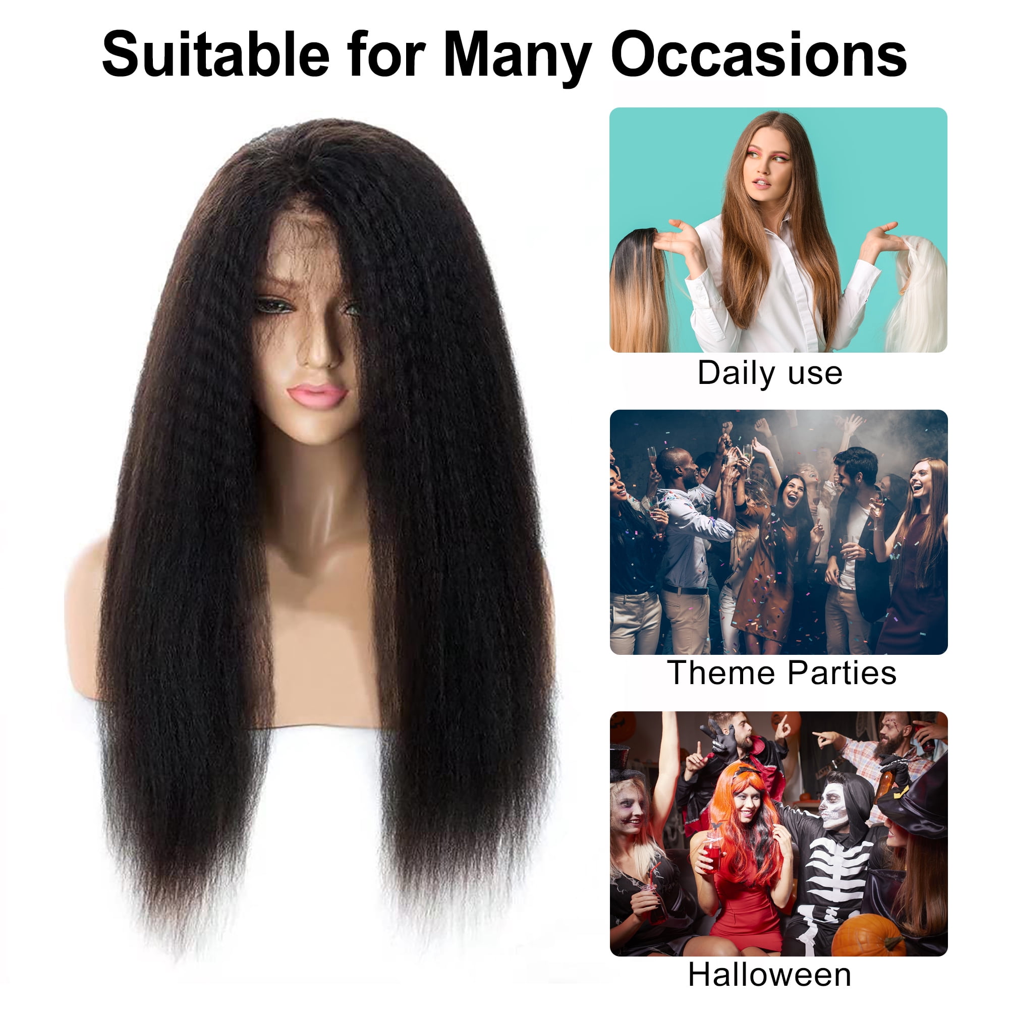 Unique Bargains Lace Front Wigs Heat Resistant Long Straight Hair for Girl Black 24"